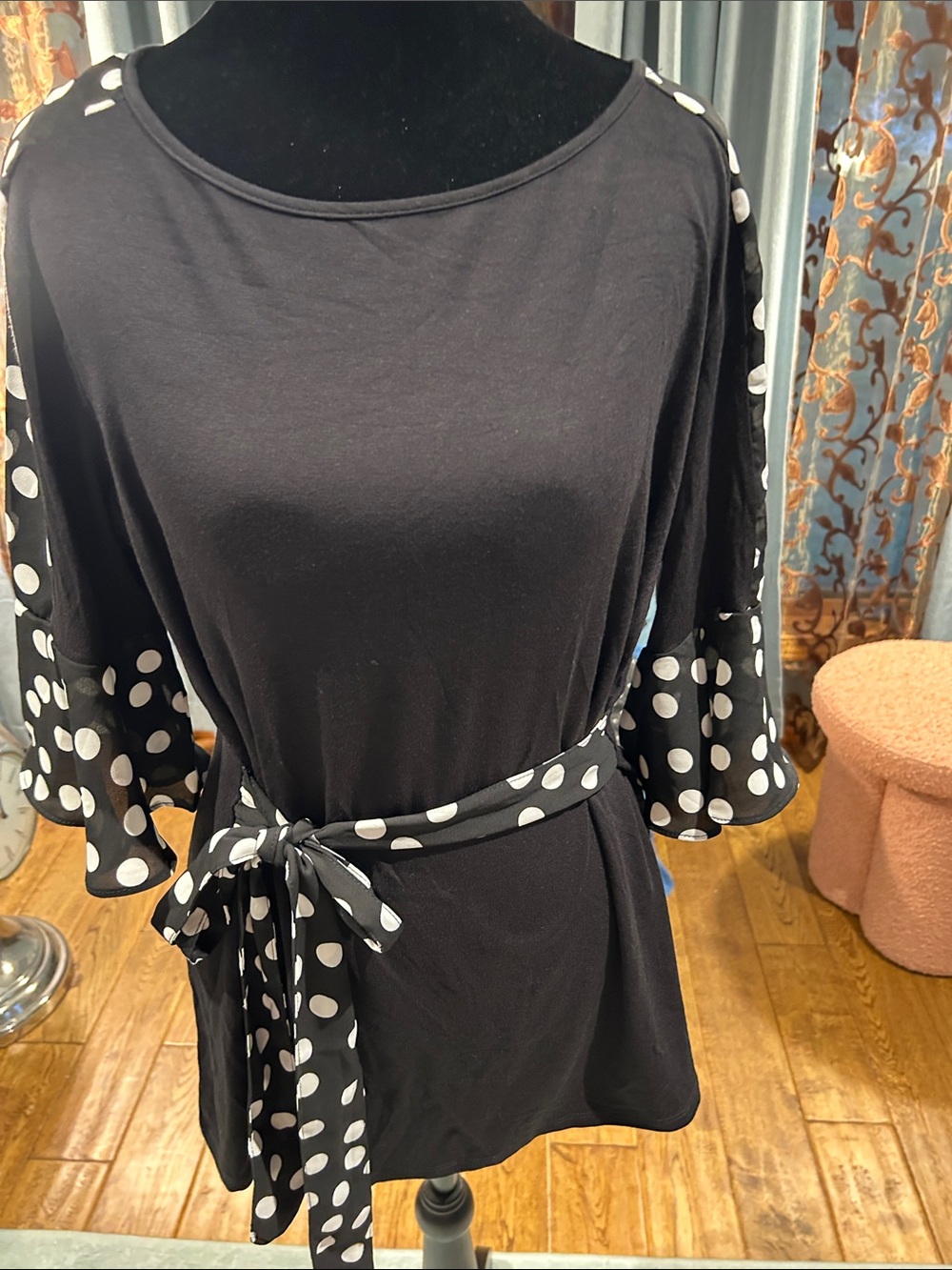 Counterparts Black Blouse with White Polka Dot Trim and Belted Waist